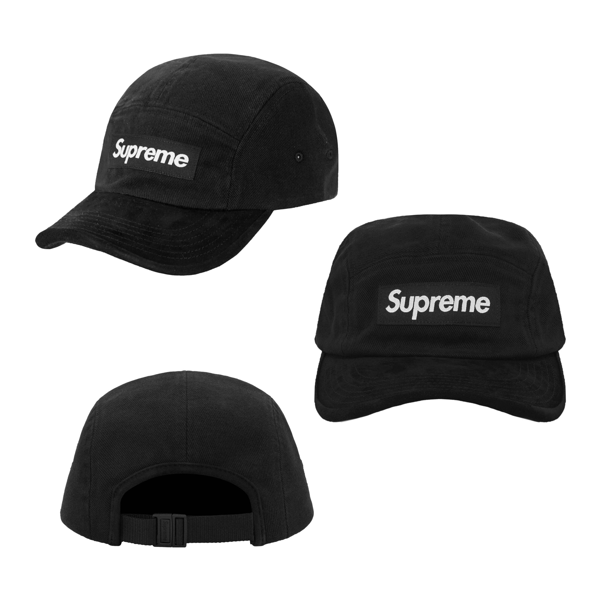 SUPREME 23SS SUEDE VISOR CAMP CAP 麂皮拼接 黑色 彎檐 五分割帽 ⫷ScrewCap⫸ | SCREWCAP帽子專賣店